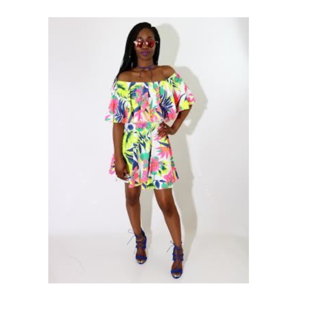Off-Shoulder Tropical Print Mini Dress - Neon Floral - Picture 5 of 6